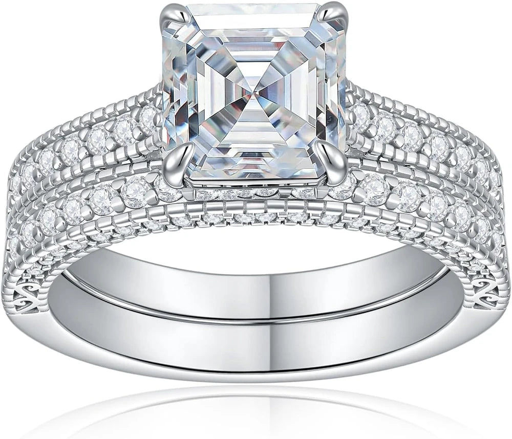 Asscher Cut Moissanite Wedding Ring Set