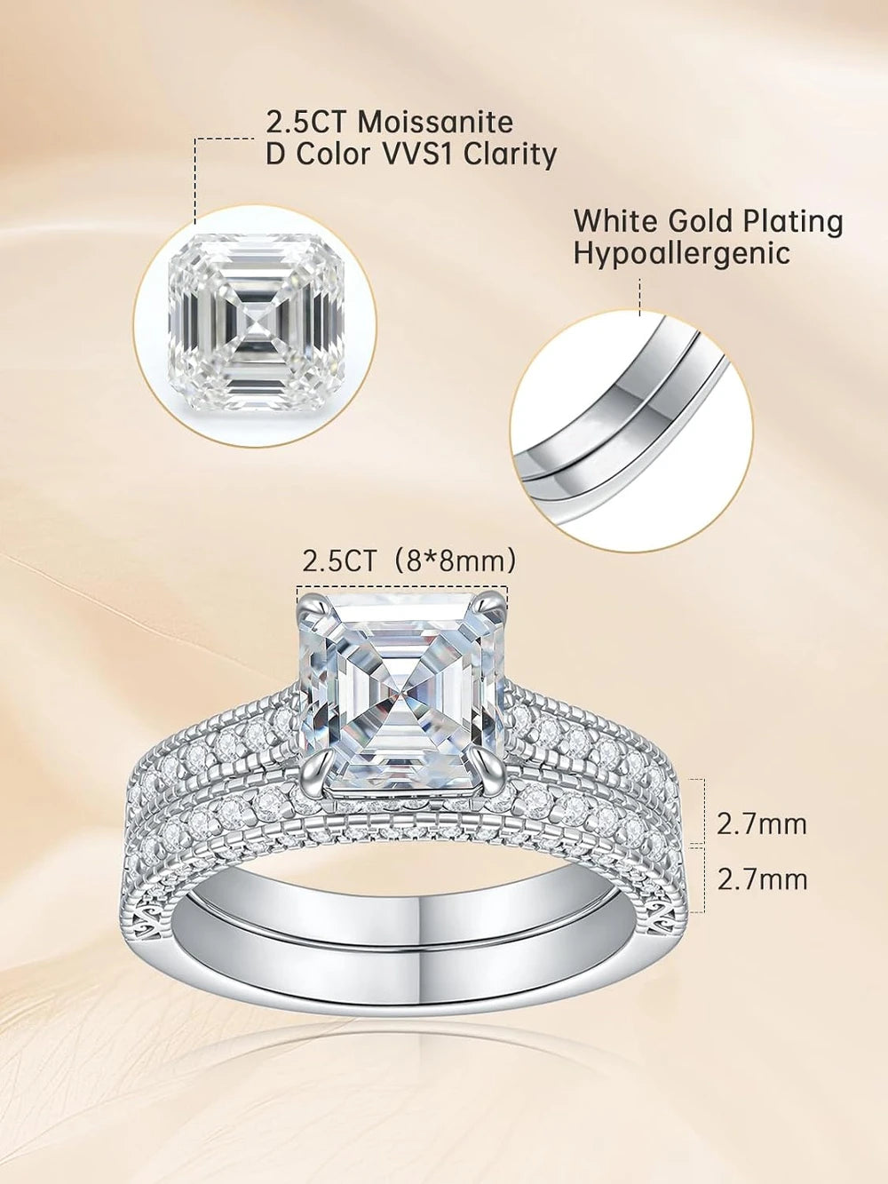 Asscher Cut Moissanite Wedding Ring Set