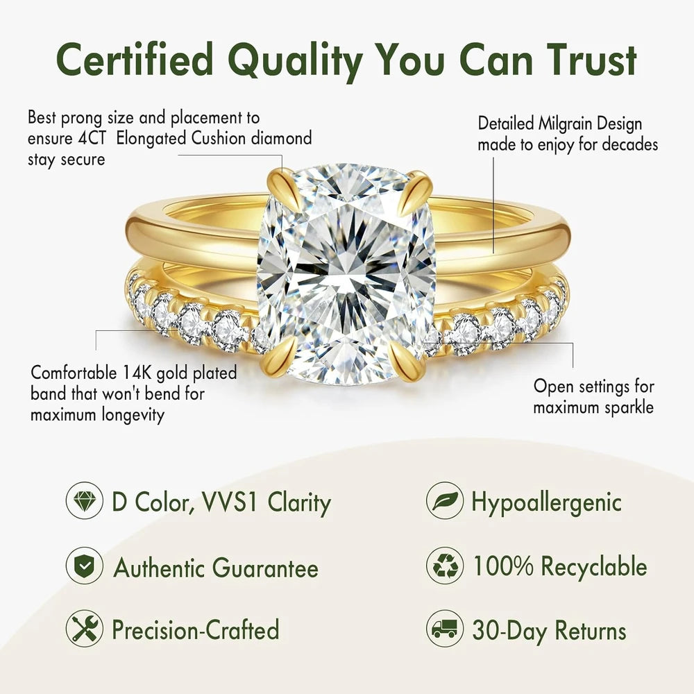 Cushion Cut Moissanite Engagement Ring Set
