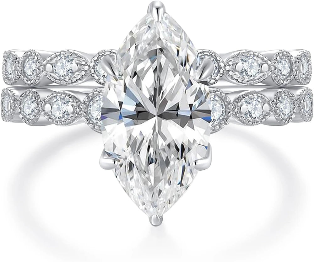 Marquise Cut Moissanite Engagement Ring Set