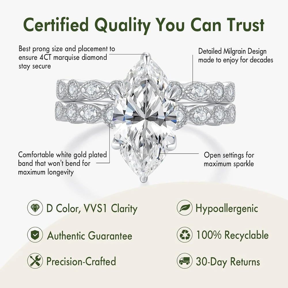 Marquise Cut Moissanite Engagement Ring Set