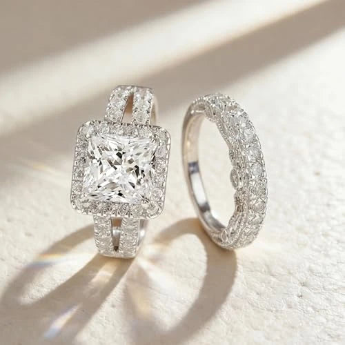Moissanite Halo Wedding Ring Set