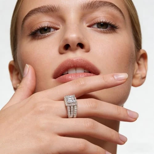Moissanite Halo Wedding Ring Set