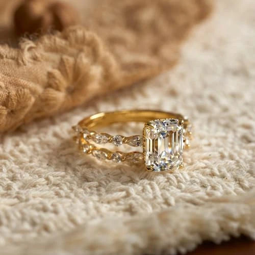 Emerald Cut Moissanite Ring Set