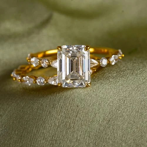 Emerald Cut Moissanite Ring Set