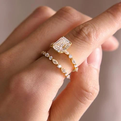 Emerald Cut Moissanite Ring Set