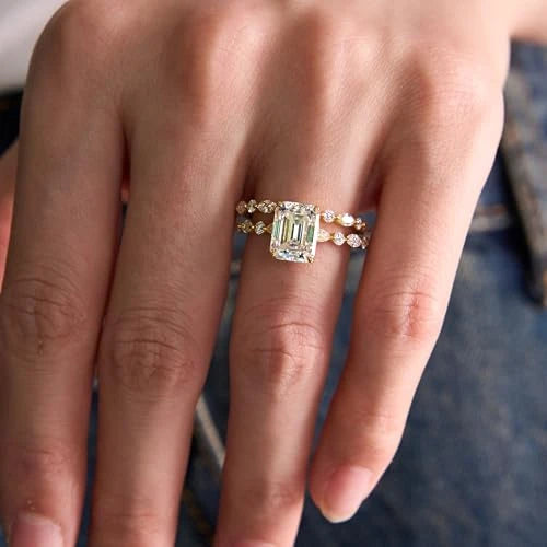Emerald Cut Moissanite Ring Set