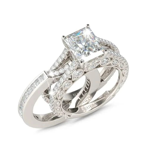 Radiant Silver Engagement Ring Set