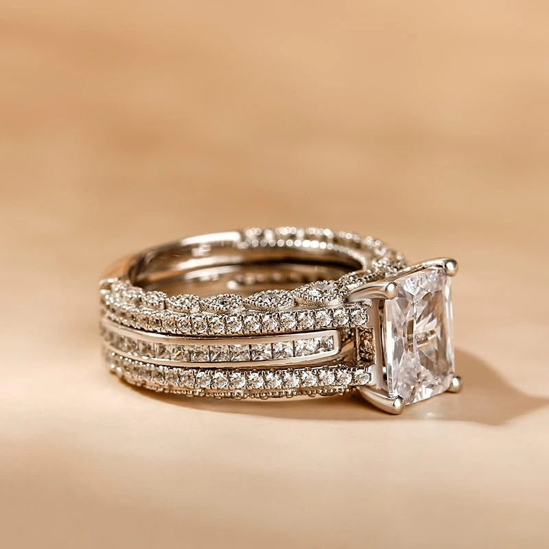 Radiant Silver Engagement Ring Set