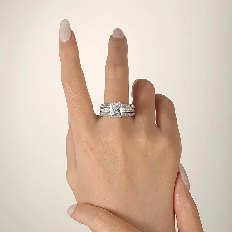 Radiant Silver Engagement Ring Set