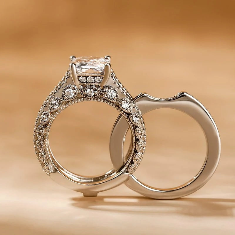 Radiant Silver Engagement Ring Set